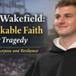 Trevor Wakefield wearing religious attire, symbolizing faith and resilience after family tragedy, with Fenway Park and church background.