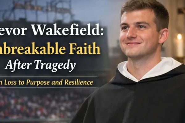 Trevor Wakefield wearing religious attire, symbolizing faith and resilience after family tragedy, with Fenway Park and church background.