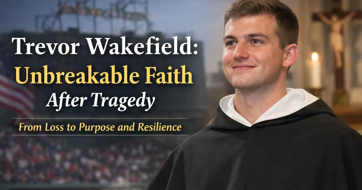 Trevor Wakefield wearing religious attire, symbolizing faith and resilience after family tragedy, with Fenway Park and church background.